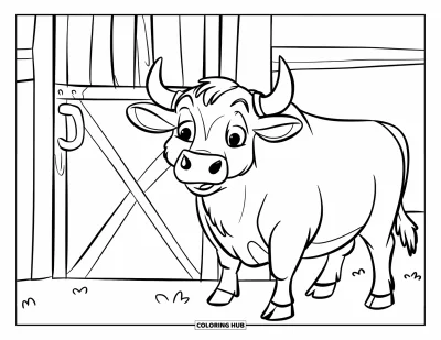 Desenho de touro para colorir para crianças: Um touro curioso fica ao lado de uma porta de celeiro com chifres arredondados e olhos arregalados