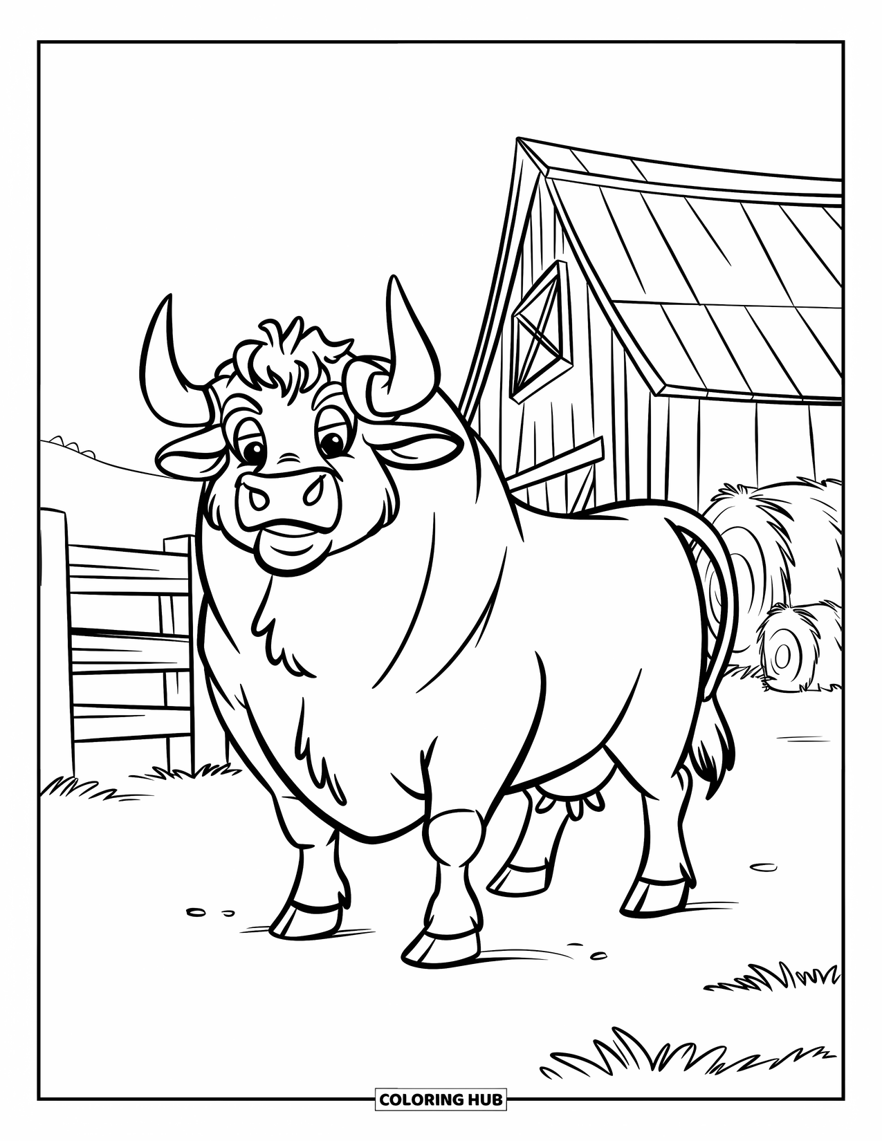 Bull Coloring Page for Kids: A curly-coated bull stands proudly in a fenced farmyard with a barn behind