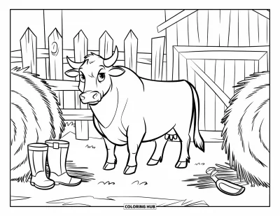 Desenho de touro para colorir para crianças: Um touro de fazenda fica entre fardos de feno, com ferramentas e um celeiro ao fundo