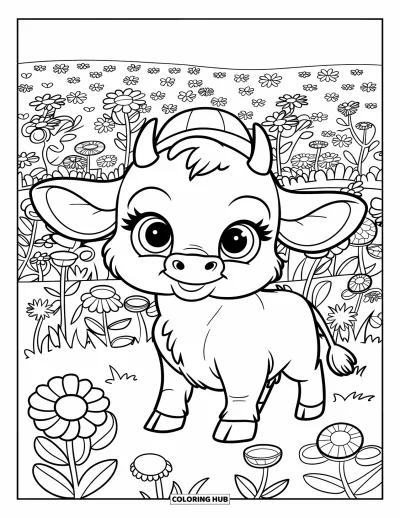 Desenho de touro para colorir para crianças: Um bezerro peludo com chapéu fica cercado de flores de todos os formatos