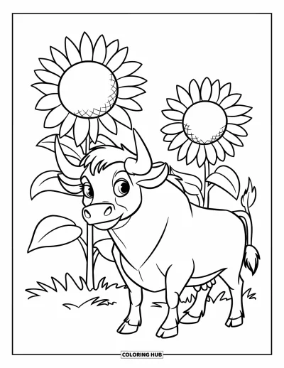 Desenho de touro para colorir para crianças: Um touro peludo com coleira vermelha fica perto de girassóis altos