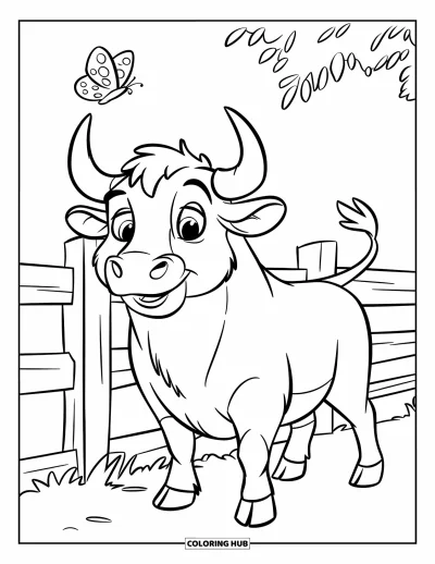 Desenho de touro para colorir para crianças: Um touro simpático fica ao lado de uma cerca de madeira com uma borboleta acima