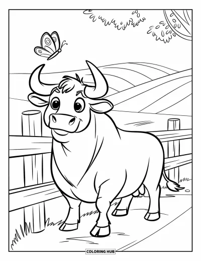 Desenho de touro para colorir para crianças: Um touro gentil fica perto de uma cerca de madeira com uma borboleta voando acima