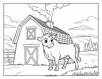 Desenho de touro para colorir para crianças: Um touro feliz fica perto de um celeiro caloroso com colinas e nuvens ao fundo