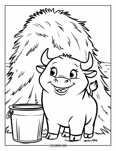 Desenho de touro para colorir para crianças: Um bezerrinho feliz sorri ao lado de um monte de feno e um pequeno balde