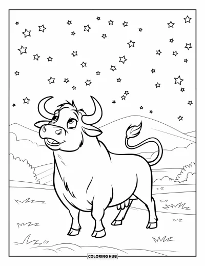 Desenho de touro para colorir para crianças: Um touro tranquilo fica em um campo sob um céu estrelado à noite