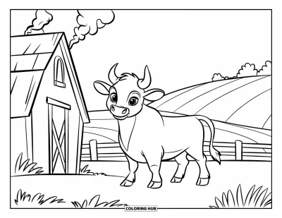 Desenho de touro para colorir para crianças: Um touro pacífico fica perto de um celeiro com árvores e colinas ao redor