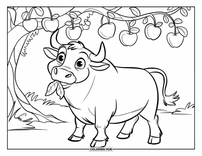 Desenho de touro para colorir para crianças: Um touro tranquilo com uma folha na boca fica sob uma grande macieira