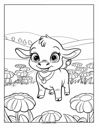 Desenho de touro para colorir para crianças: Um bezerro brincalhão com coleira fica em um campo cheio de flores desabrochando