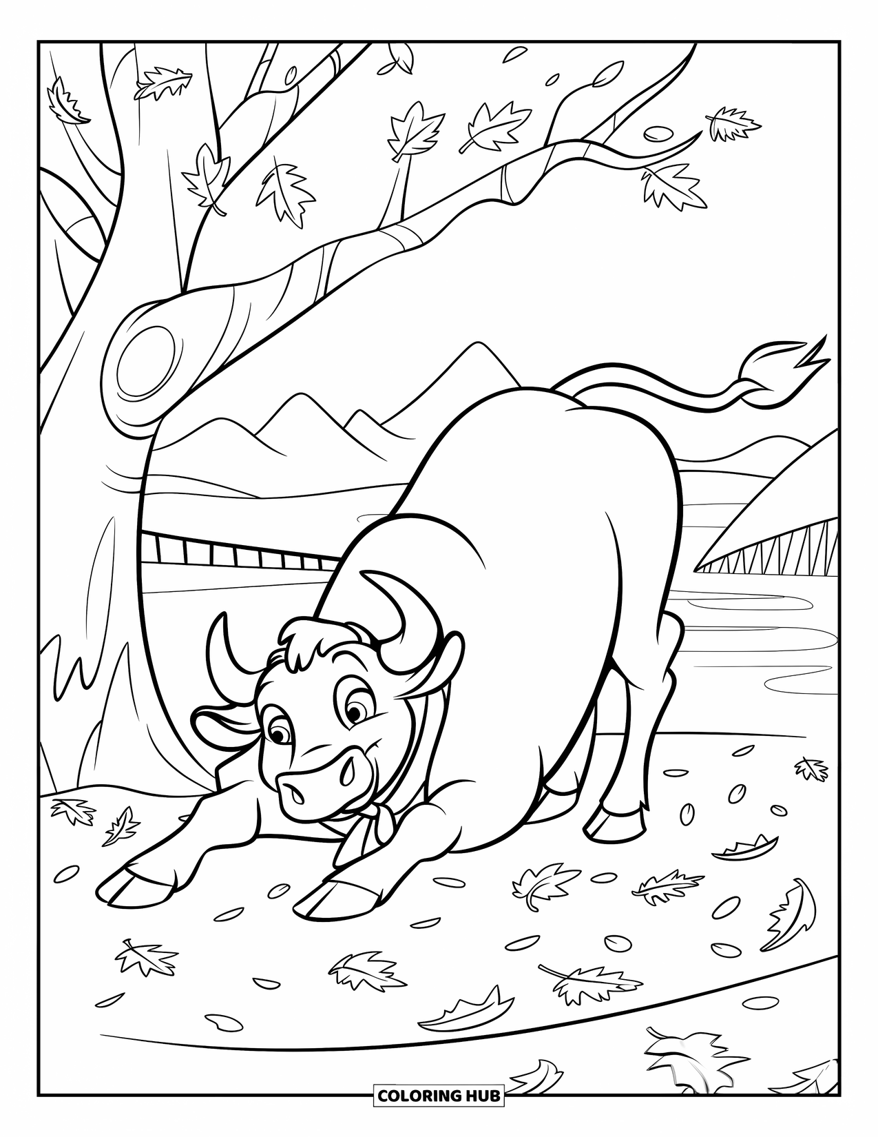 Bull Coloring Page for Kids: A playful bull wearing a scarf stretches near a lake and mountains