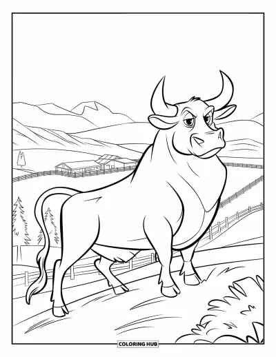 Desenho de touro para colorir para crianças: Um touro poderoso fica em uma colina com árvores, cercas e montanhas ao fundo