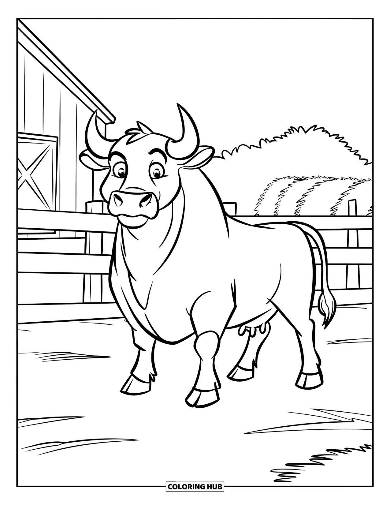 Bull Coloring Page for Kids: A proud bull stands in a fenced farmyard with a barn and hay bales