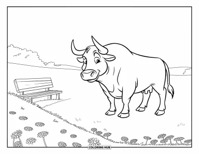 Desenho de touro para colorir para crianças: Um touro descontraído fica perto de margaridas e um banco em um campo aberto