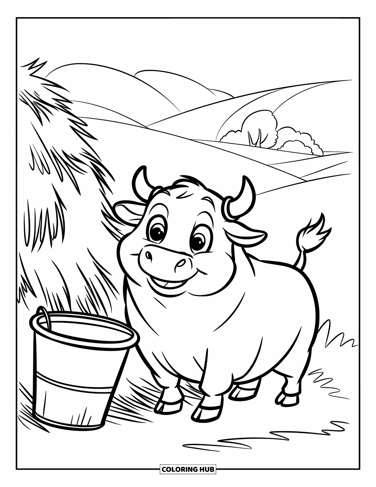 Bull Coloring Page for Kids: A smiling bull stands by a haystack in a peaceful countryside