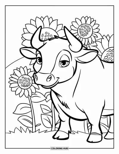 Desenho de touro para colorir para crianças: Um touro de olhos suaves fica ao lado de um canteiro de girassóis em um campo verde