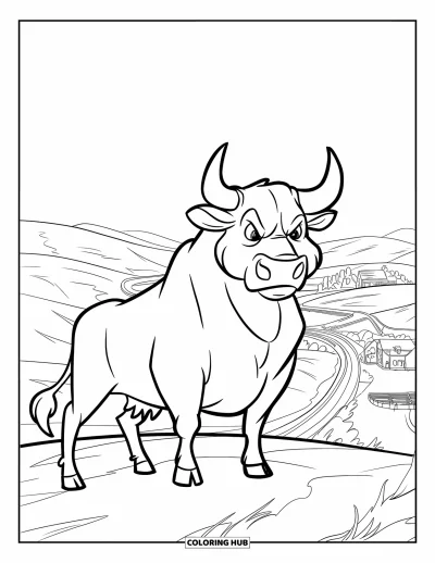 Desenho de touro para colorir para crianças: Um touro forte fica em uma colina observando uma ampla paisagem de fazenda