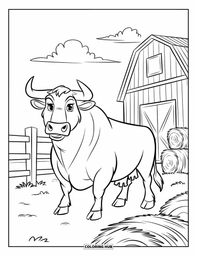 Desenho de touro para colorir para crianças: Um touro forte fica erguido perto de fardos de feno e um celeiro vermelho na fazenda