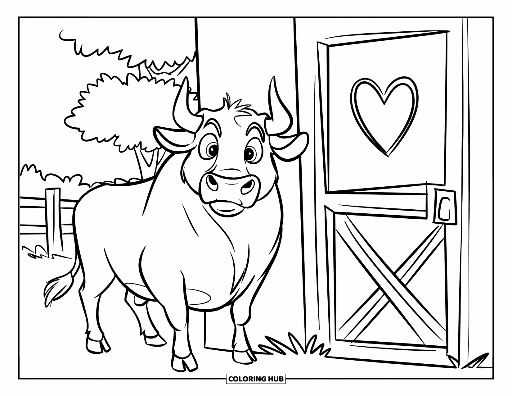 Bull Coloring Page for Kids: A sweet-looking bull with big eyes stands by a barn door with a heart window