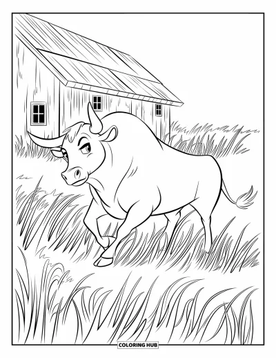 Desenho de touro para colorir para crianças: Um touro em caminhada levanta a pata ao passar por um celeiro e capim alto
