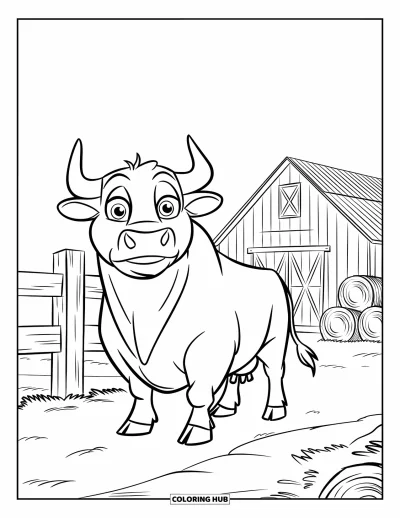 Desenho de touro para colorir para crianças: Um touro de olhos arregalados fica orgulhoso em um celeiro perto de fardos de feno e uma cerca