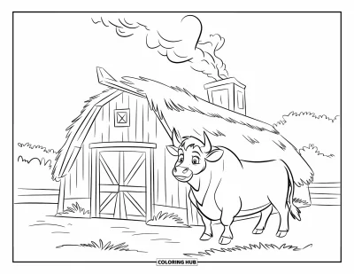Desenho de touro para colorir para crianças: Um touro jovem descansa ao lado de um celeiro com telhado de palha e campo gramado