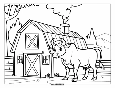Desenho de touro para colorir para crianças: Um touro jovem fica ao lado de um celeiro aconchegante com fumaça saindo da chaminé