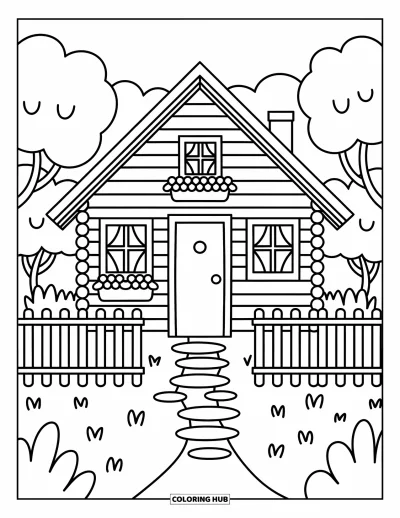 Coloriage de chalet rustique pour adultes : Chalet A-frame avec clôture à piquets, jardinière et joli sentier entre des arbres ronds et touffus