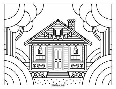 Coloriage de chalet rustique pour adultes : Adorable chalet avec lumières sur le porche et guirlande de fanions niché entre collines et arbres