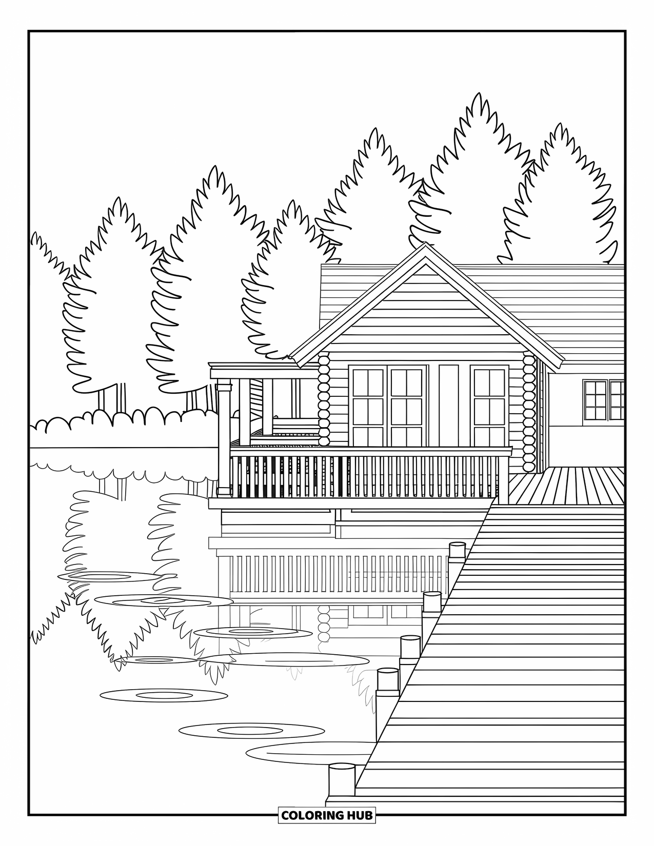 Cabin Coloring Page for Adults: Cabin at lake's edge with dock and peaceful reflections