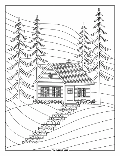 Coloriage de chalet rustique pour adultes : Chalet en montagne avec toit à motifs et grands arbres élancés