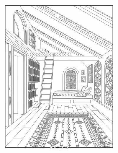 Coloriage de chalet rustique pour adultes : Intérieur de chalet avec échelle, poutres et vue accueillante par la fenêtre