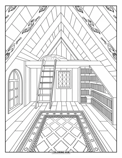 Coloriage de chalet rustique pour adultes : Intérieur de mezzanine avec fenêtre en arc, livres et tapis douillet au sol