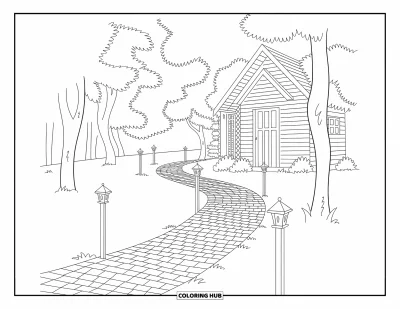 Coloriage de chalet rustique pour adultes : Allée de chalet avec pavés, lanternes et bardage sophistiqué dans un décor serein