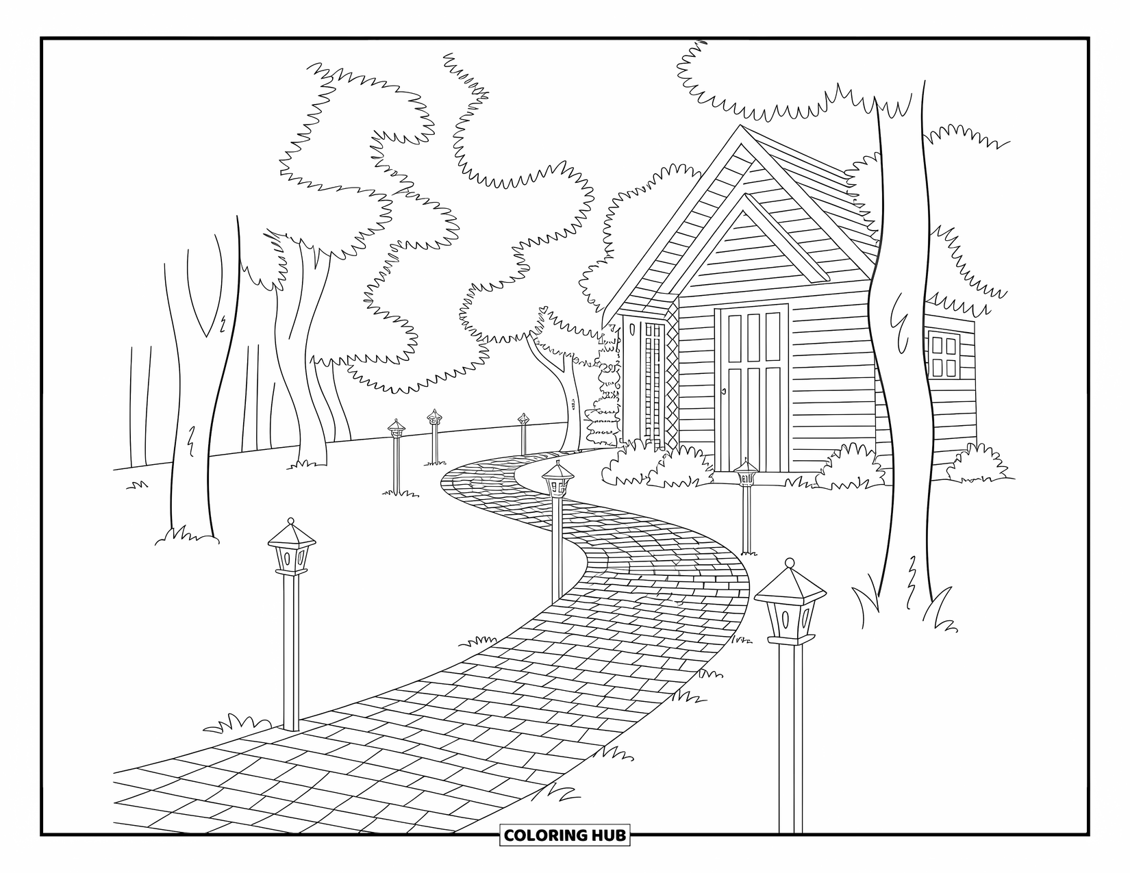 Cabin Coloring Page for Adults: Cabin path with cobblestones, lanterns, and intricate siding in a serene design