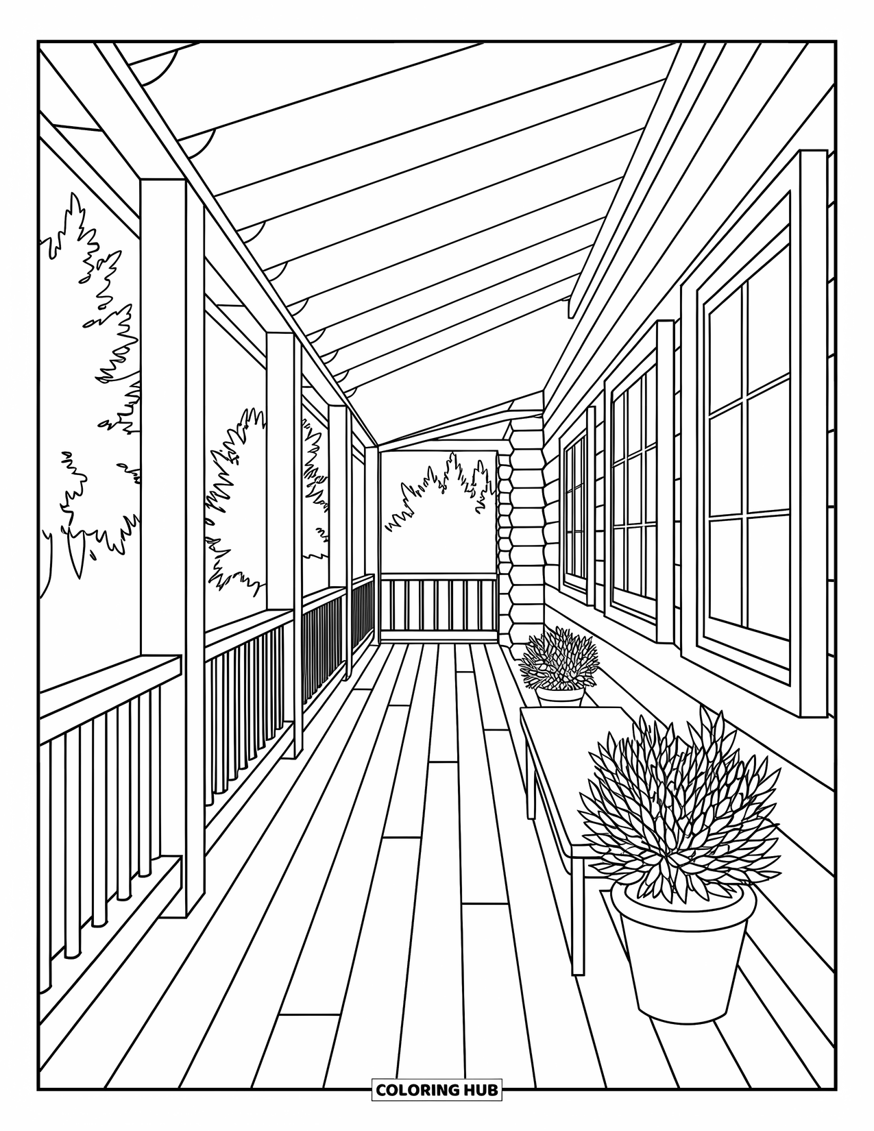 Cabin Coloring Page for Adults: Cabin porch with potted plants and peaceful tree surroundings
