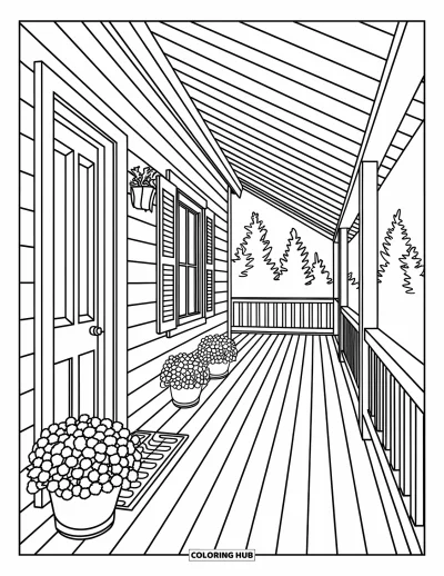 Coloriage de chalet rustique pour adultes : Porche de chalet avec rambarde, plantes en pots et textures en bois accueillantes