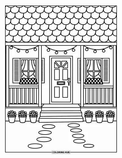 Coloriage de chalet rustique pour adultes : Porche de chalet avec guirlandes lumineuses, pierres de pas et jolies fenêtres à rideaux
