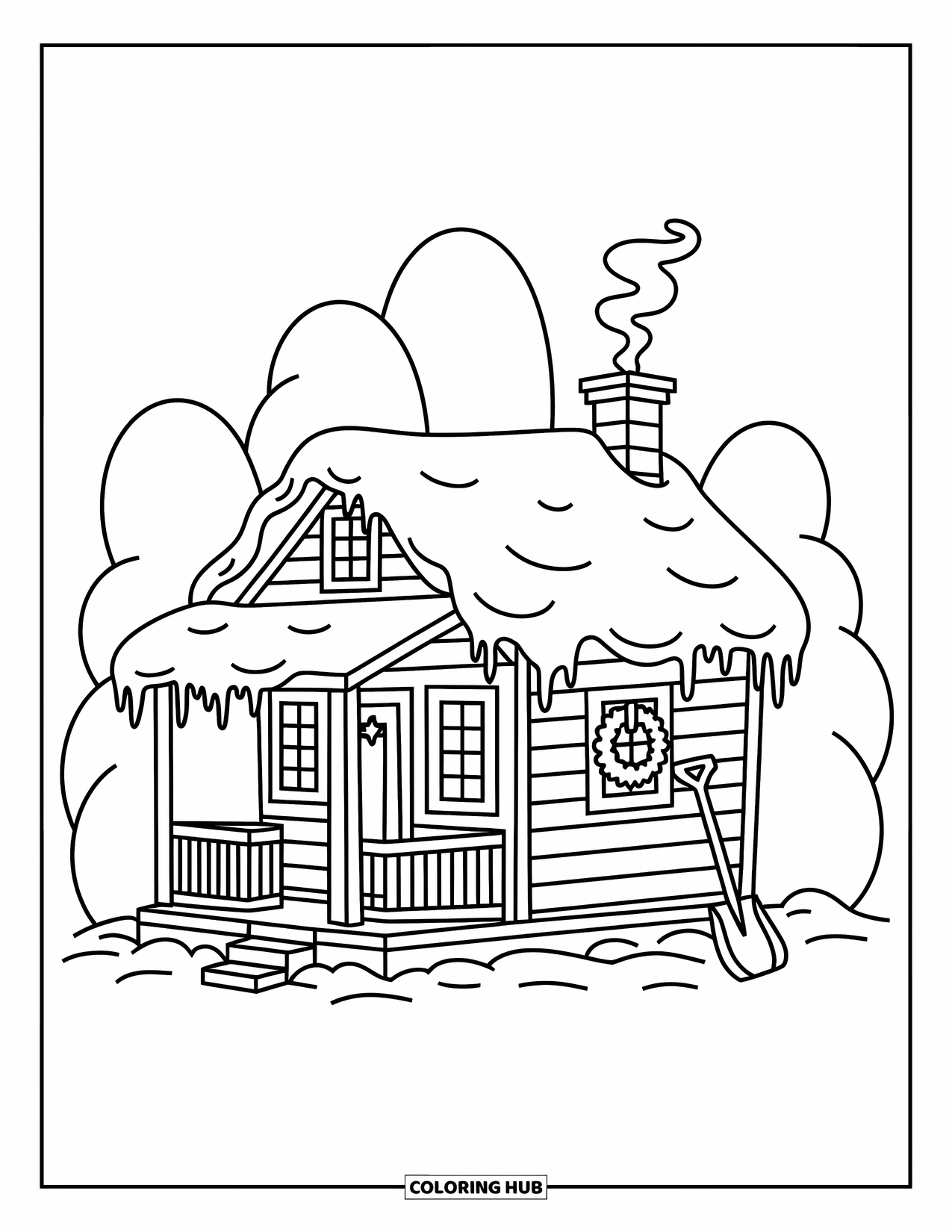 Cabin Coloring Page for Adults: Cabin with fluffy snow, icicles, and curling smoke in a soft pine setting