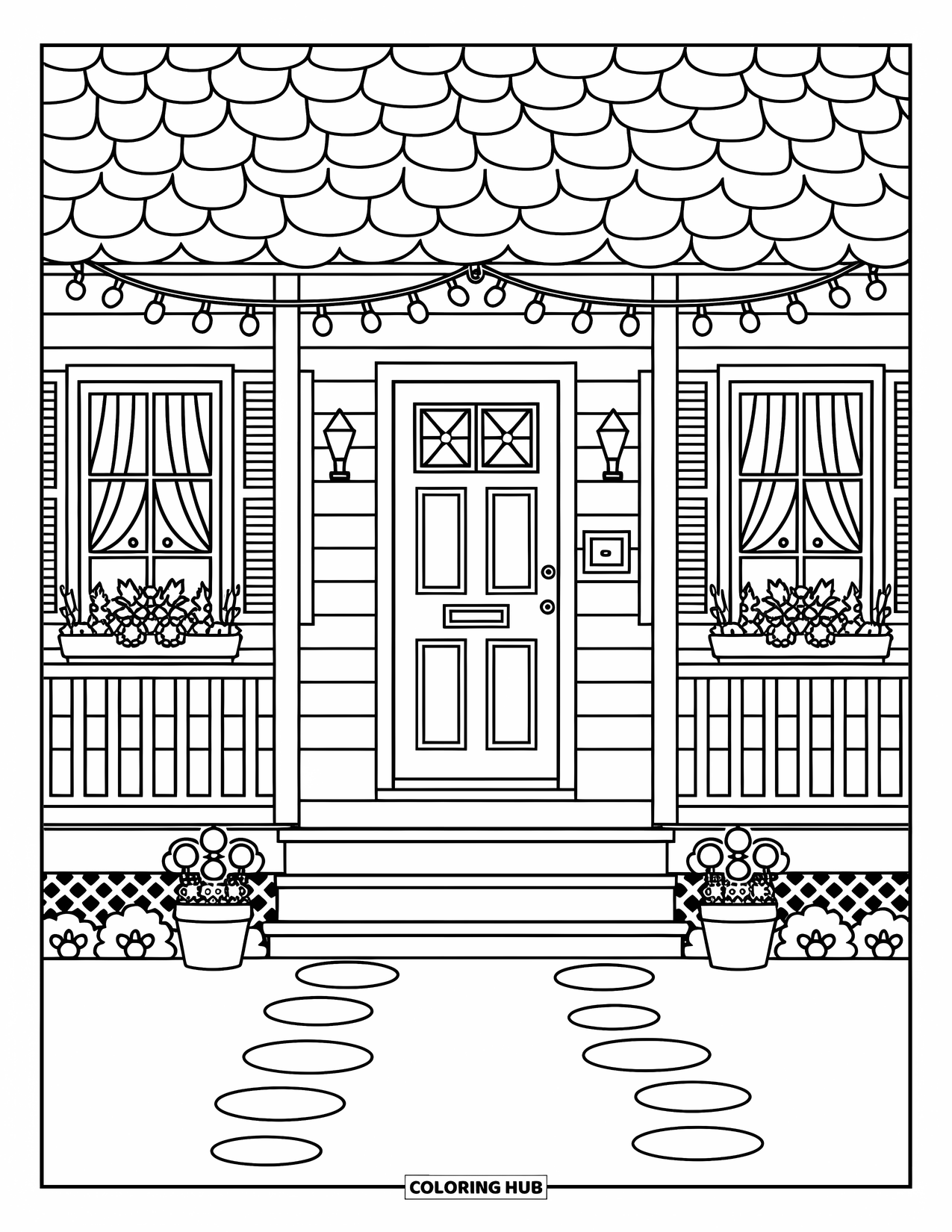 Cabin Coloring Page for Adults: Cabin with porch string lights and flower pots along a curved stepping path