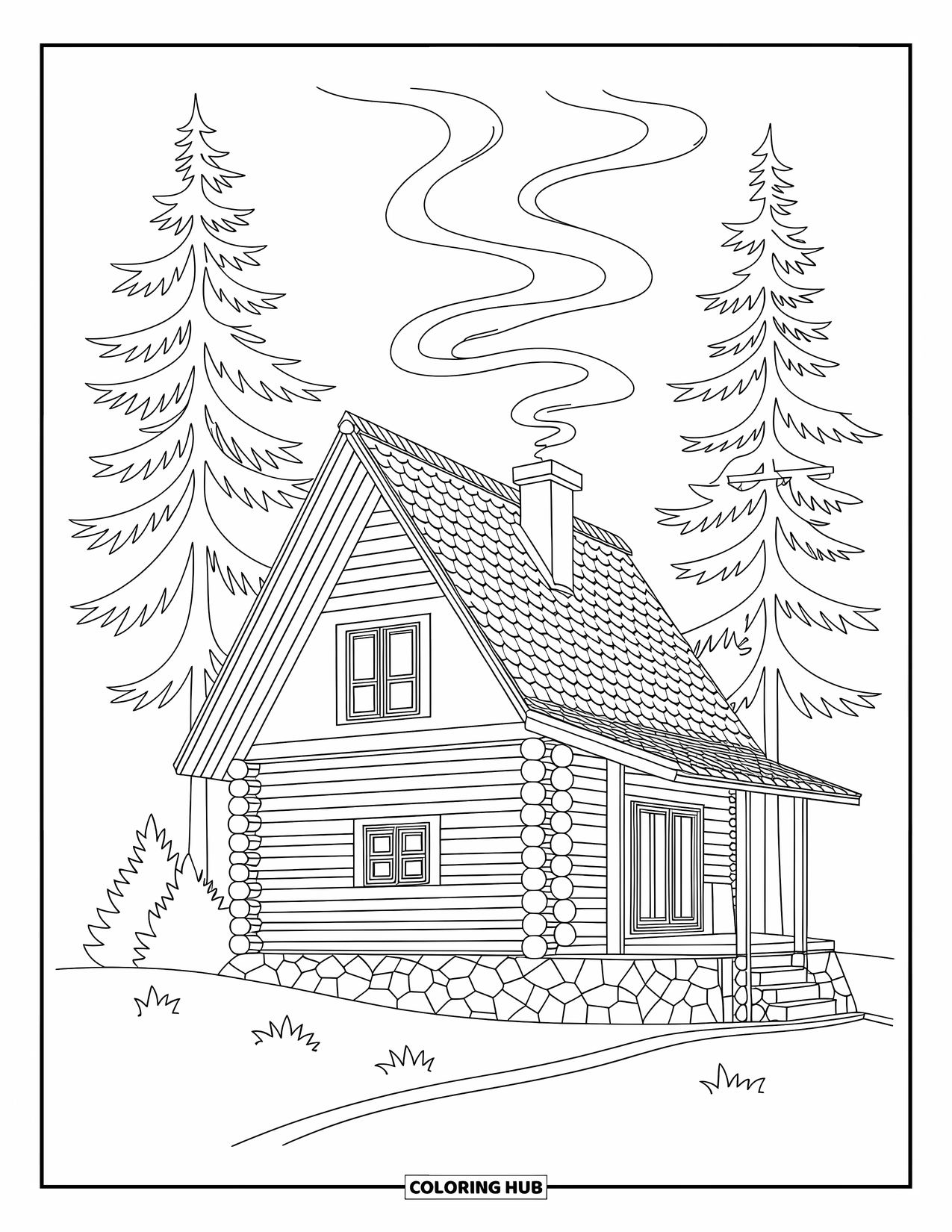 Cabin Coloring Page for Adults: Cabin with smoke, rock foundation, and artistic bark patterns