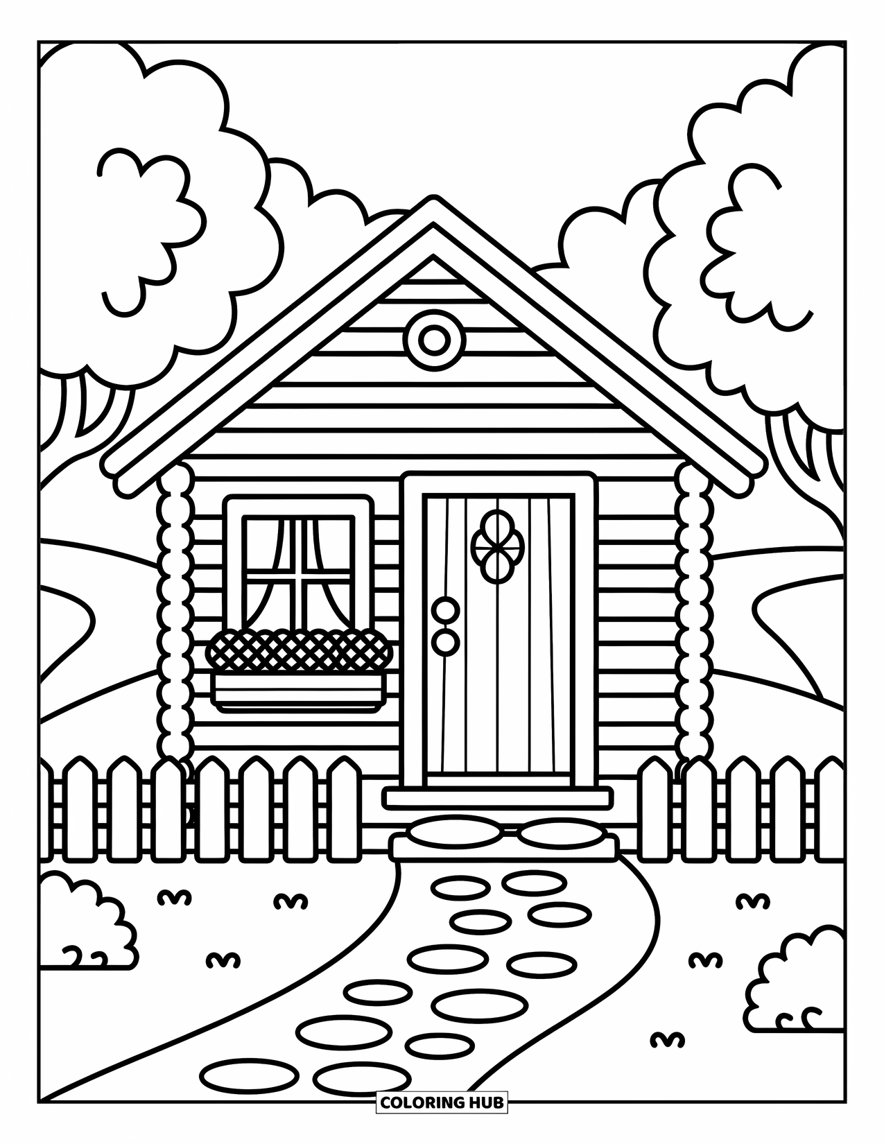 Cabin Coloring Page for Adults: Cabin with steep roof, flower box, and a gentle path surrounded by trees