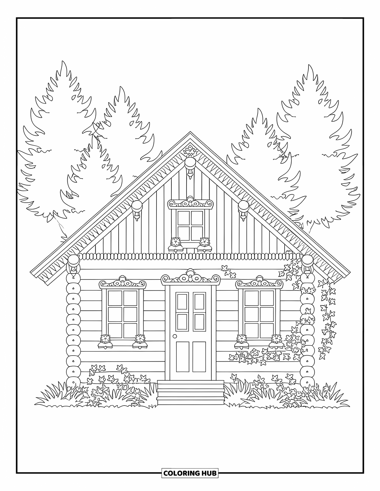 Cabin Coloring Page for Adults: Charming cabin with ivy, trees, and carved log details