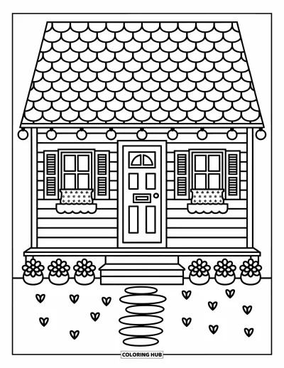 Coloriage de chalet rustique pour adultes : Charmant chalet avec guirlandes lumineuses, fenêtres à volets et chemin fleuri accueillant