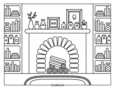 Coloriage de chalet rustique pour adultes : Charmant mur de cheminée avec bibliothèques, petits ornements et un doux tapis festonné en dessous