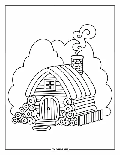 Coloriage de chalet rustique pour adultes : Charmant petit chalet avec fumée de cheminée et doux arbres nichés dans un espace tranquille