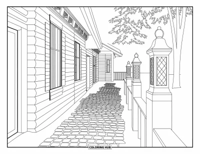 Coloriage de chalet rustique pour adultes : Chemin pavé menant à un chalet douillet avec des lanternes et un bardage sophistiqué