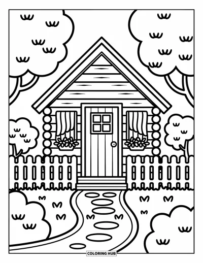 Coloriage de chalet rustique pour adultes : Chalet A-frame douillet avec jardinière, clôture à piquets et pierres de pas rondes