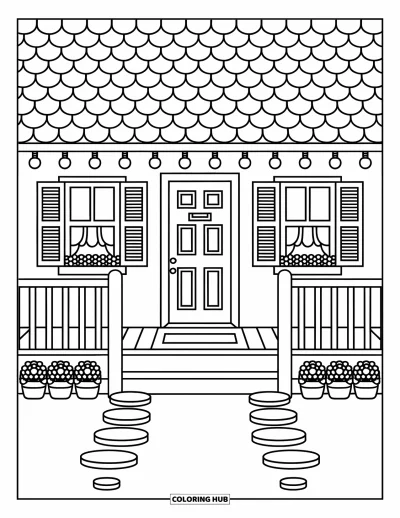 Coloriage de chalet rustique pour adultes : Porche de chalet douillet avec guirlandes lumineuses, jardinières et une petite porte d'entrée