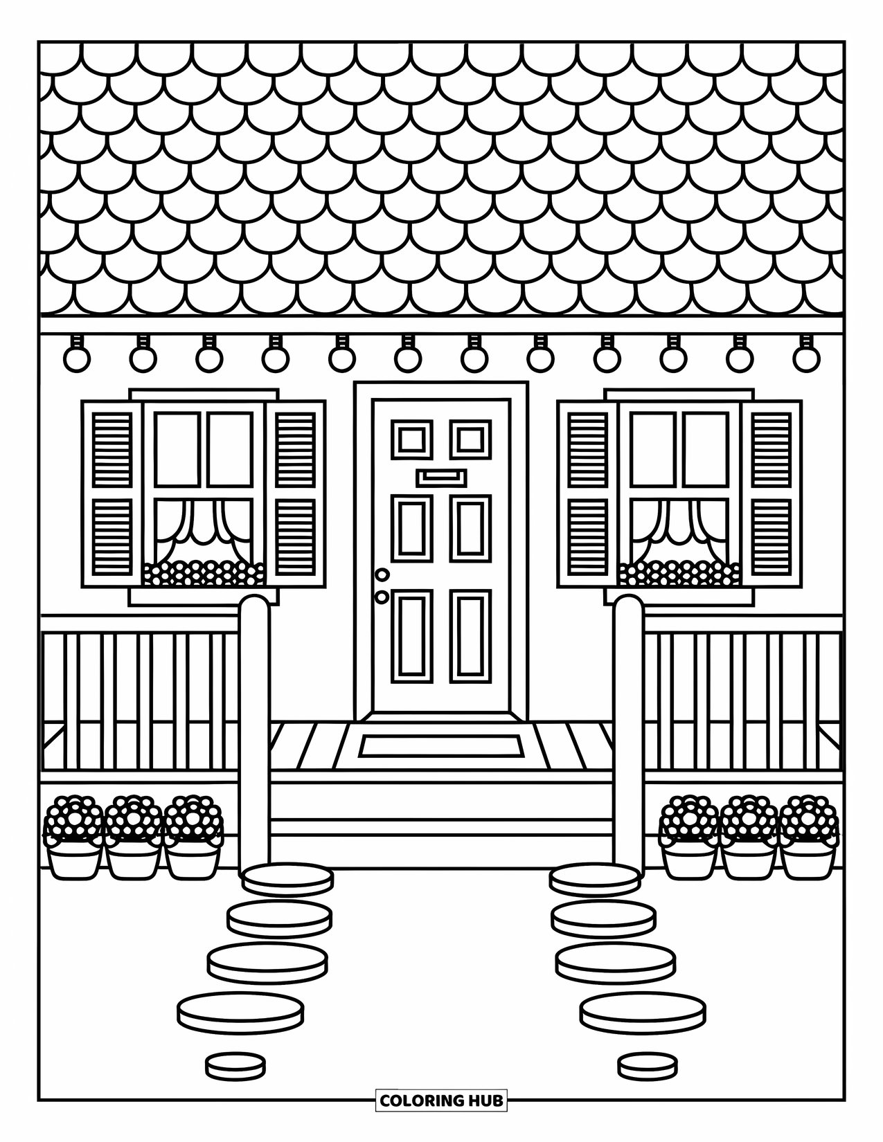 Cabin Coloring Page for Adults: Cozy cabin porch with string lights, flower pots, and a tiny front door