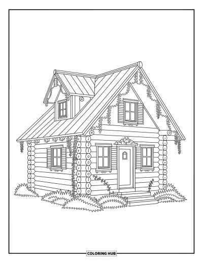 Coloriage de chalet rustique pour adultes : Chalet douillet avec lierre grimpant et textures artistiques dans les rondins